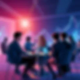 A group of people engaging in a lively discussion about Ethereum, with charts and graphs showing price movements in the background.
