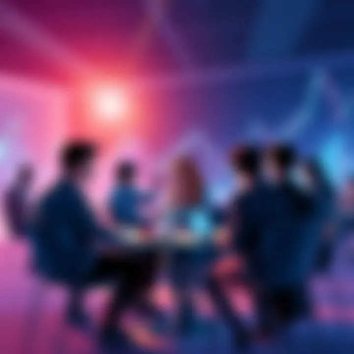 A group of people engaging in a lively discussion about Ethereum, with charts and graphs showing price movements in the background.
