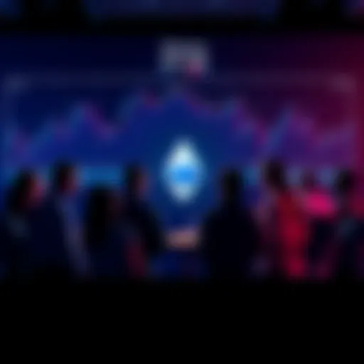 Ethereum Community Discussion A group of people engaging in discussion about Ethereum, with charts and graphs related to cryptocurrency trends in the background.