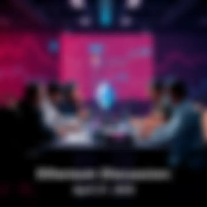 A group of people discussing Ethereum topics at a table with laptops and charts.