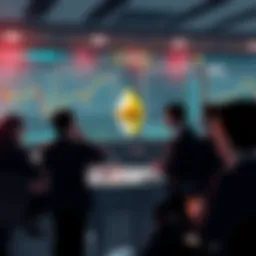 People engaging in a discussion about Ethereum with charts and news articles in the background