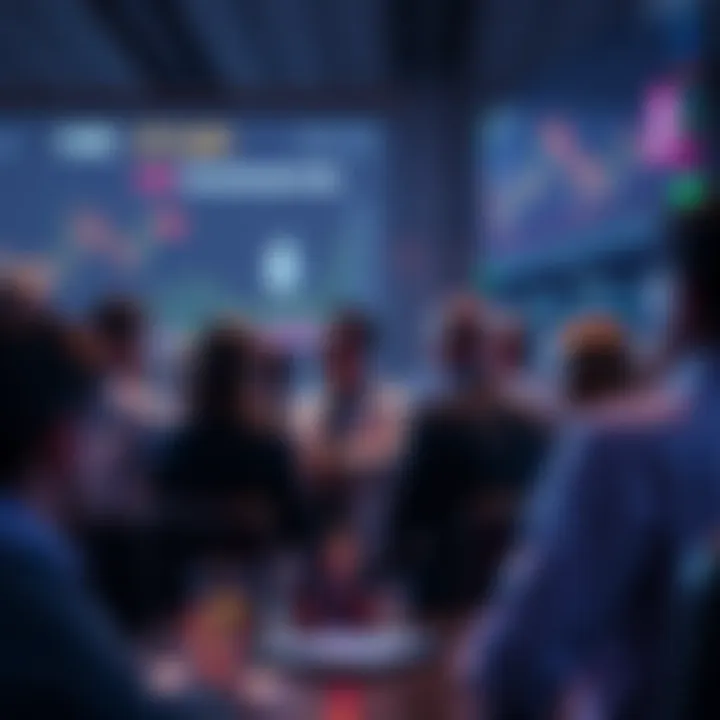People engaging in a discussion about Ethereum with charts and news updates in the background