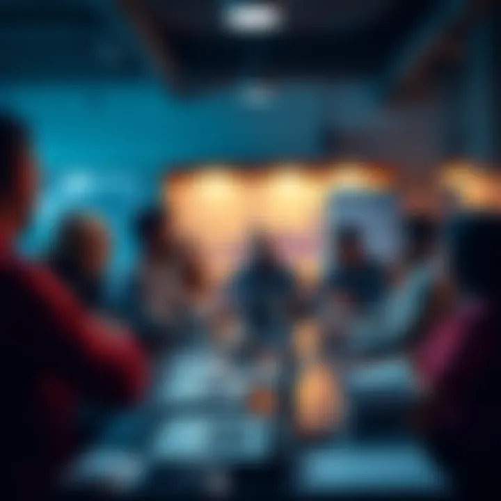 A diverse group of people discussing Ethereum in a casual setting with charts and laptops