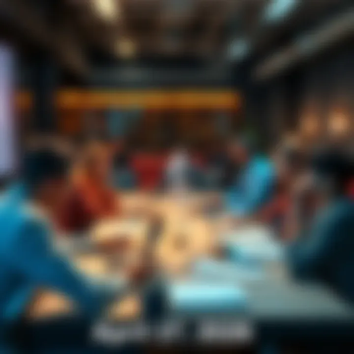 A diverse group of people engaging in a discussion about Ethereum and cryptocurrency strategies at a table with laptops and charts