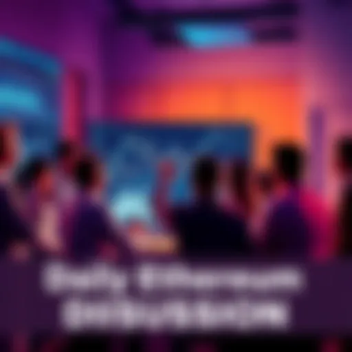 A group of people engaging in a lively discussion about Ethereum prices and news, with charts and graphs displayed on screens.