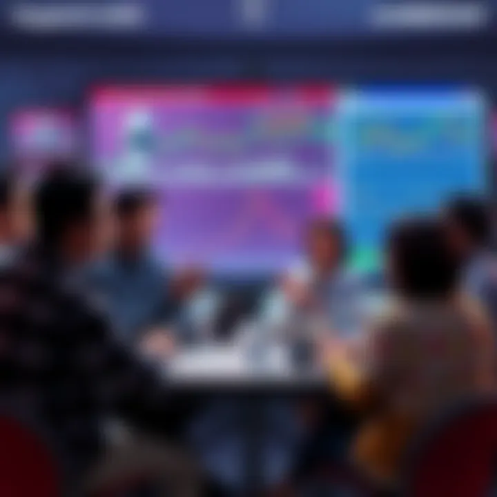 A diverse group of people engaging in a discussion about Ethereum, with charts and news articles on a screen in the background.