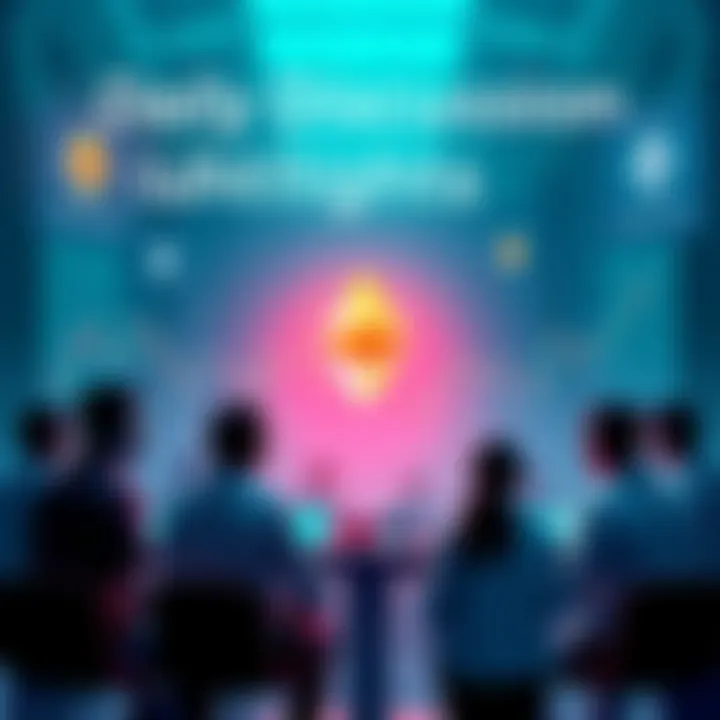A vibrant graphic showing people discussing Ethereum news and price trends, with symbols of Ethereum and financial charts.