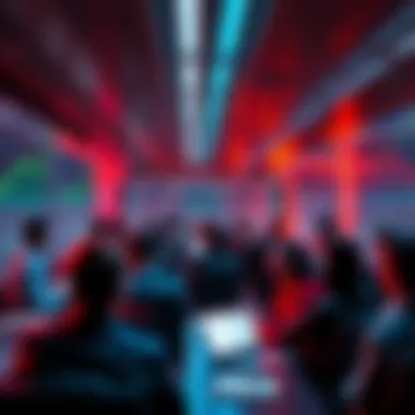 A vibrant online forum scene where people are actively discussing Ethereum topics, with charts and price trends visible on their screens.