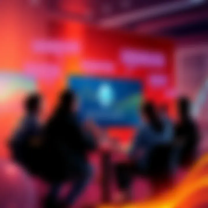 A group of people discussing Ethereum topics online, with chat bubbles and graphs showing price trends in the background.