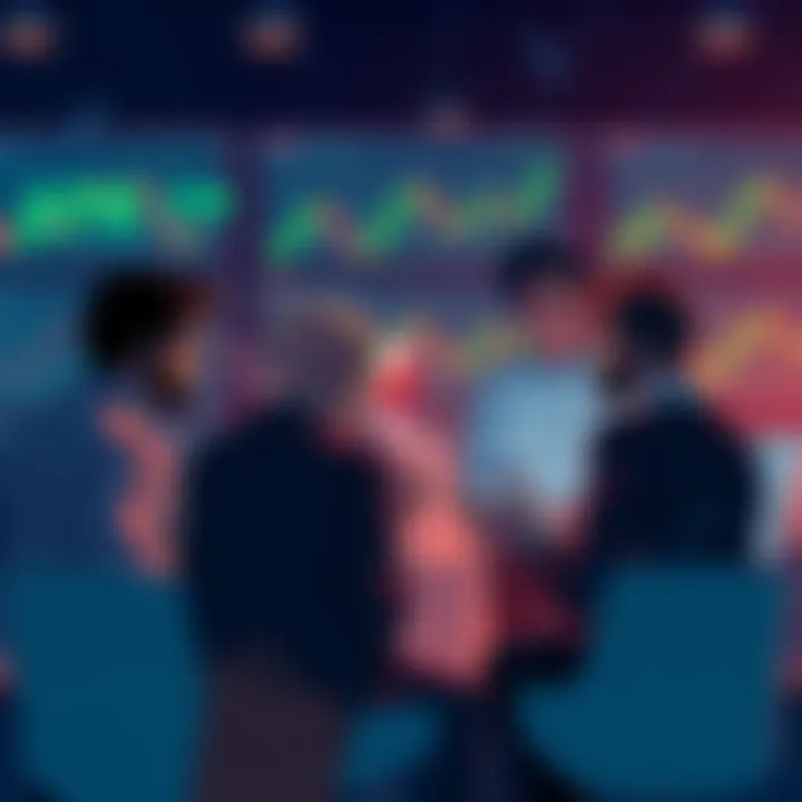 A digital illustration showing a group of people engaging in a discussion about Ethereum, with charts and graphs in the background related to price trends.