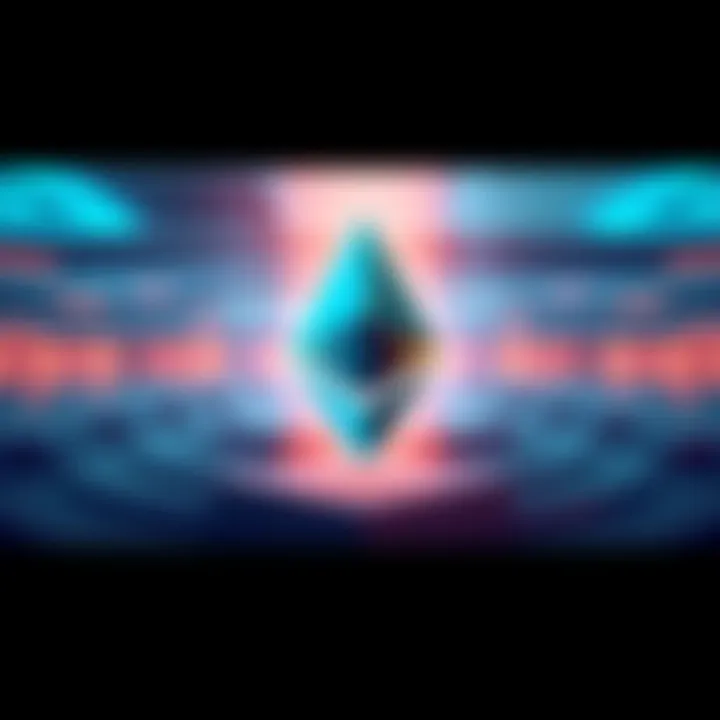 An illustration showing Ethereum's logo with a visual representation of expanding smart contract size, symbolizing growth and development in dApps.