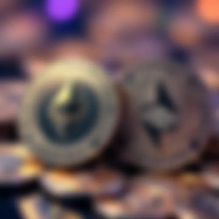 A close-up of Ethereum and Solana coins representing two popular cryptocurrencies for investment