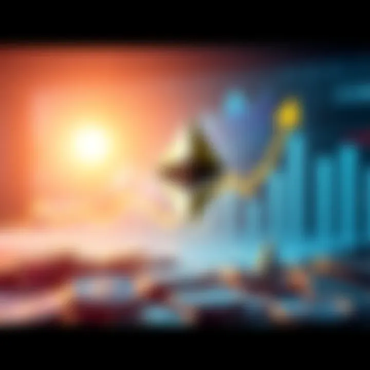 Ethereum Surge A digital representation of Ethereum's significant price rise, with upward trending graphs and coins in the background.