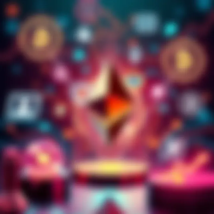 The Ethereum symbol surrounded by digital icons representing finance and technology, showcasing its role in decentralized finance and innovation.