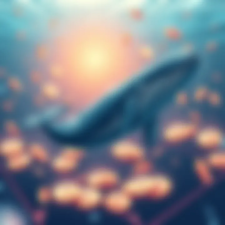 Surge in Ethereum Whale Activity An illustration showing a large whale swimming among digital coins representing Ethereum, symbolizing increased whale activity in the crypto market.