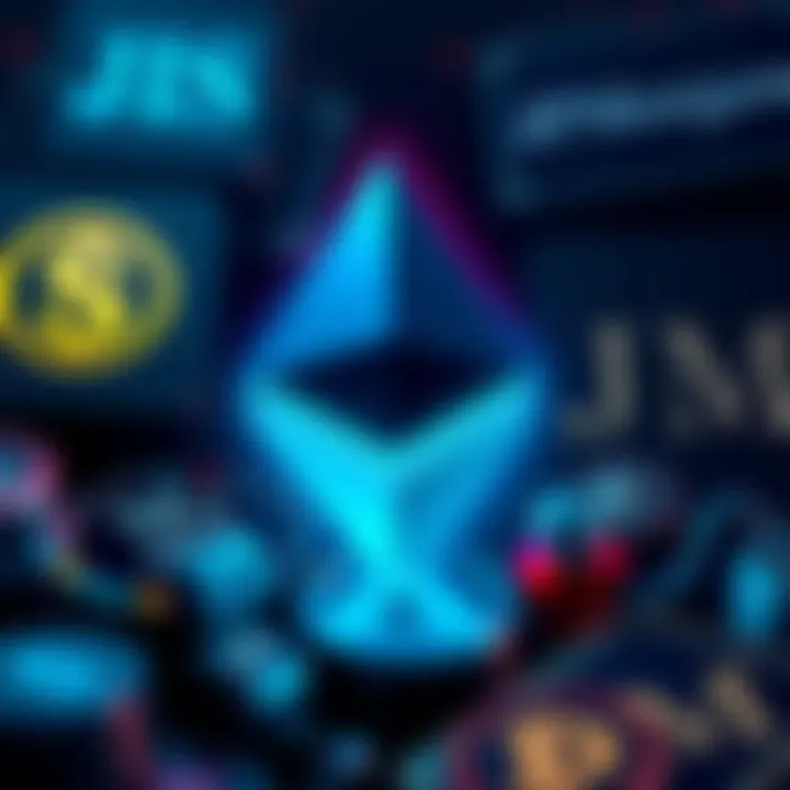 A visual of Ethereum logo with Goldman Sachs and JPMorgan logos in the background, symbolizing their interest in stablecoins.
