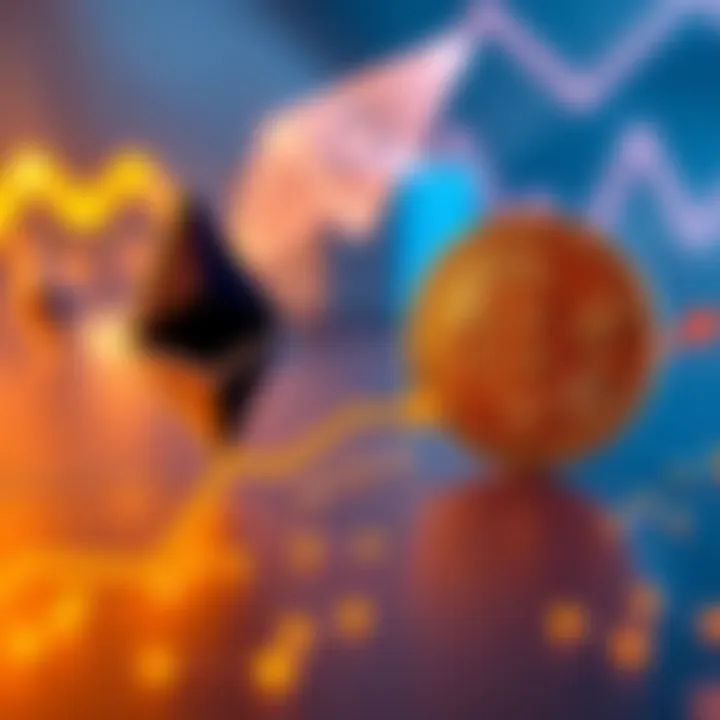 A graphic showing Ethereum and Bitcoin symbols with arrows indicating their growth paths, representing the competition between the two currencies in everyday use.