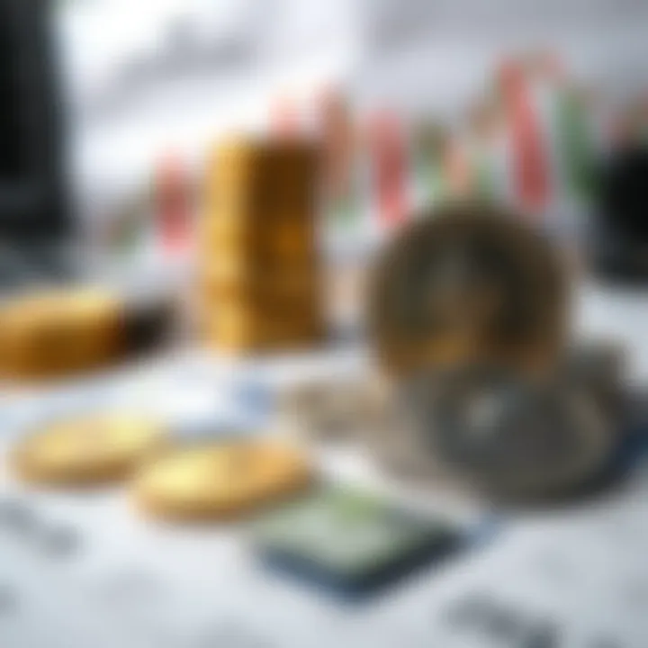 A close-up of Ethereum coins arranged on a desk with a financial report in the background, representing investment and market analysis.