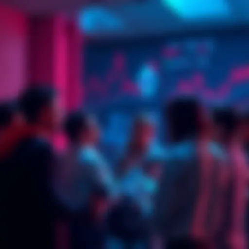 A group of people discussing Ethereum topics with charts and graphs in the background.