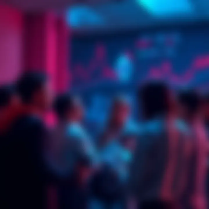A group of people discussing Ethereum topics with charts and graphs in the background.