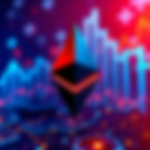 A digital representation of Ethereum's logo with a background of blockchain symbols and graphs showing growth.