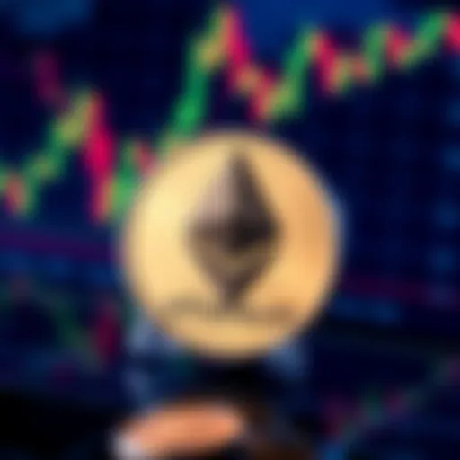 A close-up view of the Ethereum currency symbol with financial charts in the background.