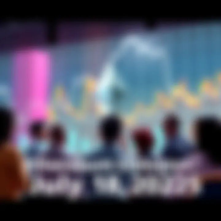 Group of people discussing Ethereum topics with charts and graphs in the background