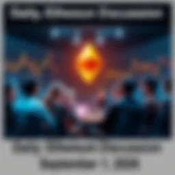 Group of people discussing Ethereum topics with charts and graphs in the background