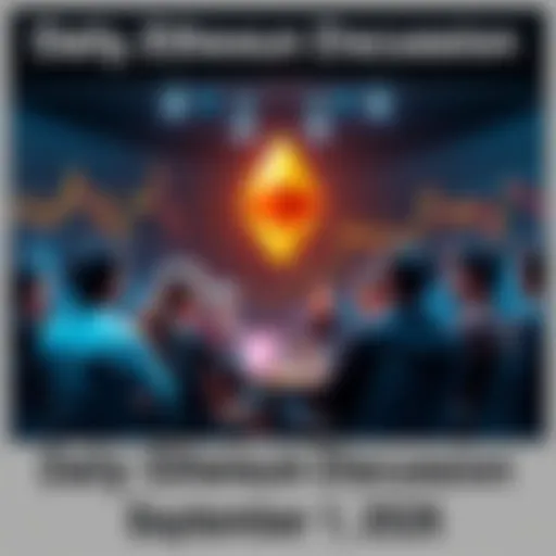 Group of people discussing Ethereum topics with charts and graphs in the background