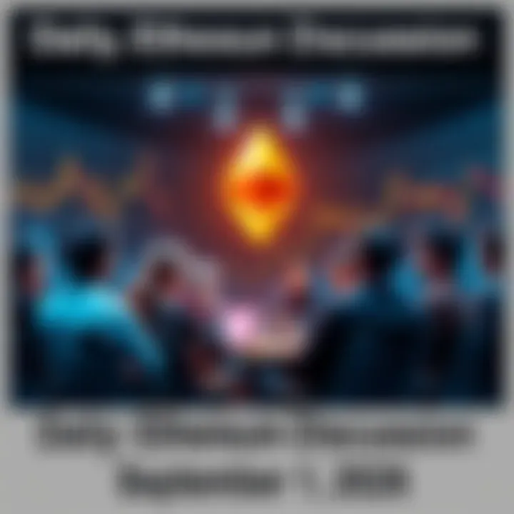 Group of people discussing Ethereum topics with charts and graphs in the background