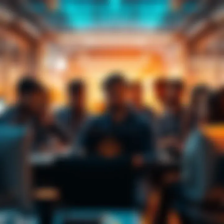 Ethereum Developers A diverse group of developers collaborating on Ethereum blockchain projects, showcasing their creativity and teamwork in a modern office space.