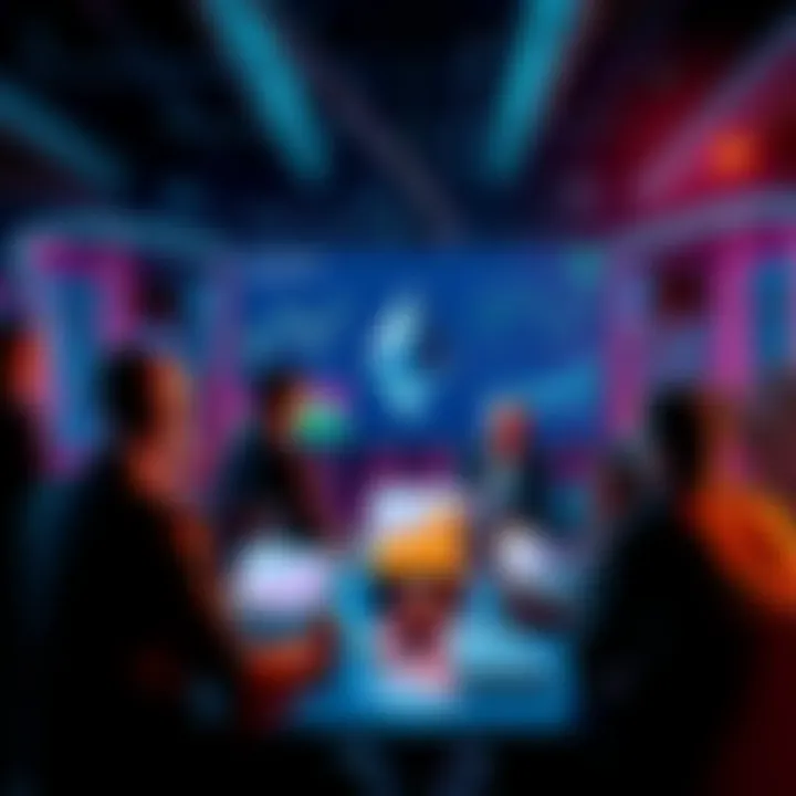 A group of people discussing Ethereum updates with charts and laptops in a lively setting.