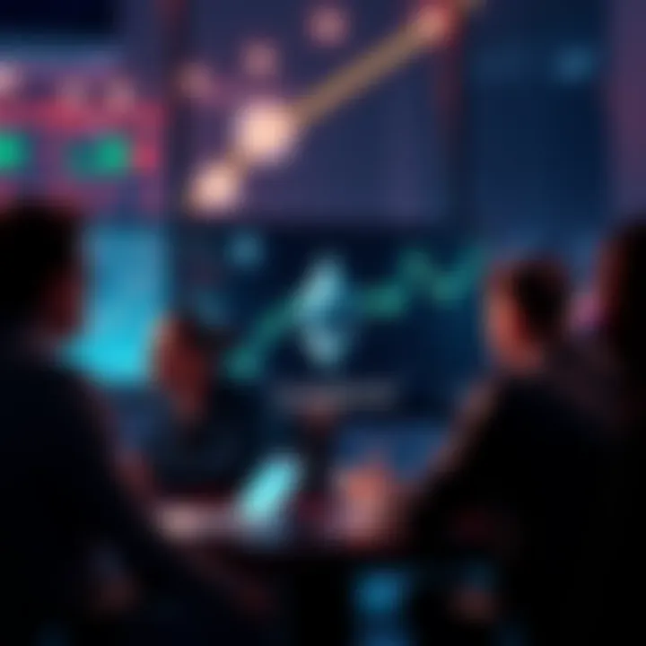 People engaging in discussion about Ethereum with charts and news on a screen