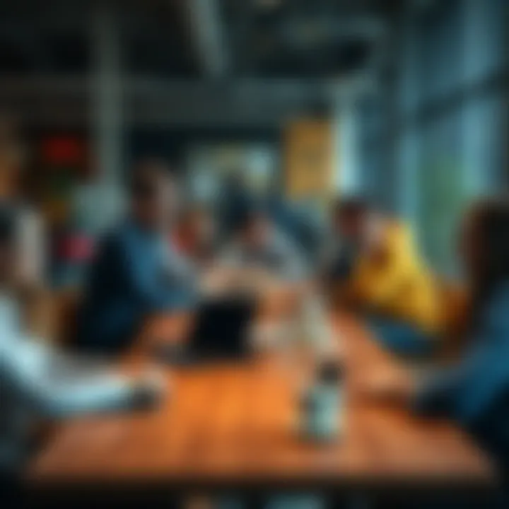 A group of people discussing Ethereum topics in a casual setting with laptops and coffee cups on a table.