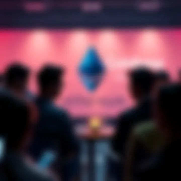 People discussing Ethereum and cryptocurrencies, with Coinbase logo promoting 'Stand with Crypto' initiative in the background.