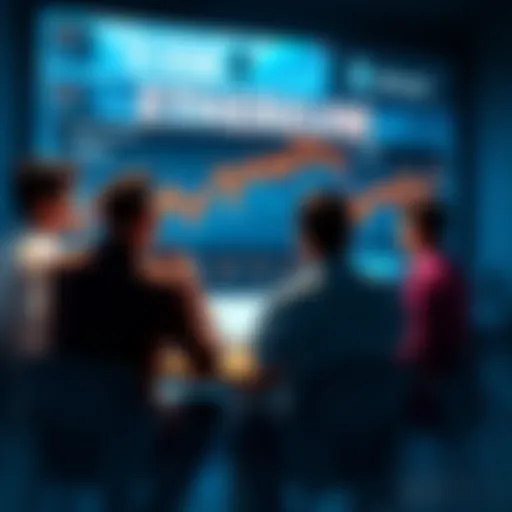 Ethereum Discussion Group People engaging in discussions about Ethereum topics with charts and a digital screen showing Ethereum price updates in the background.