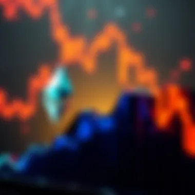 Ethereum logo with downward trend graph Ethereum logo beside a graph showing a downward trend, reflecting current price dip.
