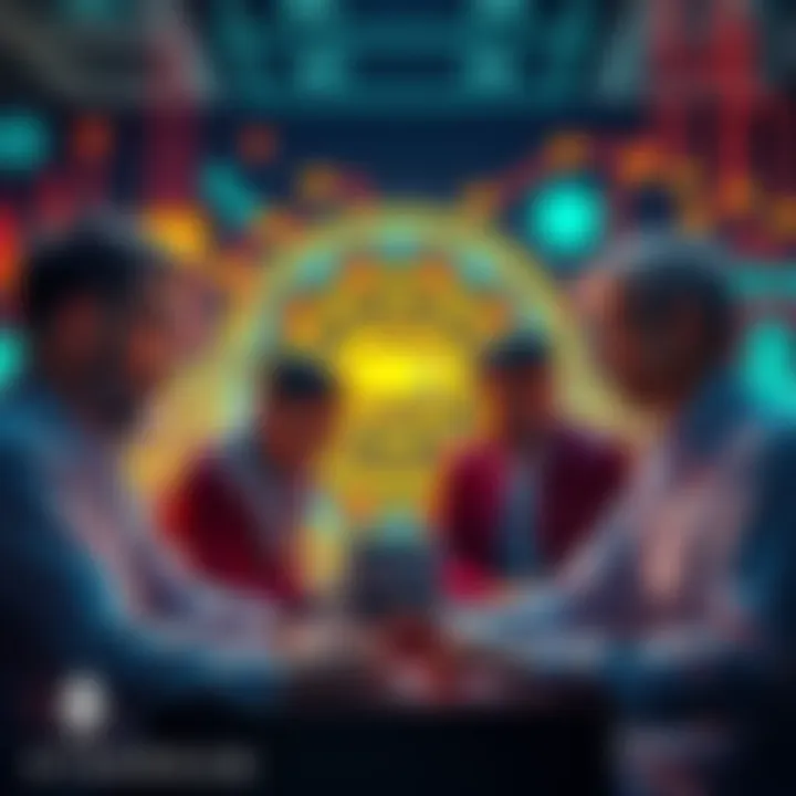 A group of diverse experts collaborating on computer security projects, with elements representing quantum computing in the background.