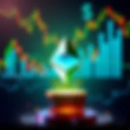 An Ethereum logo surrounded by arrows pointing upward, symbolizing a rise in value, with a background of digital currency charts and graphs