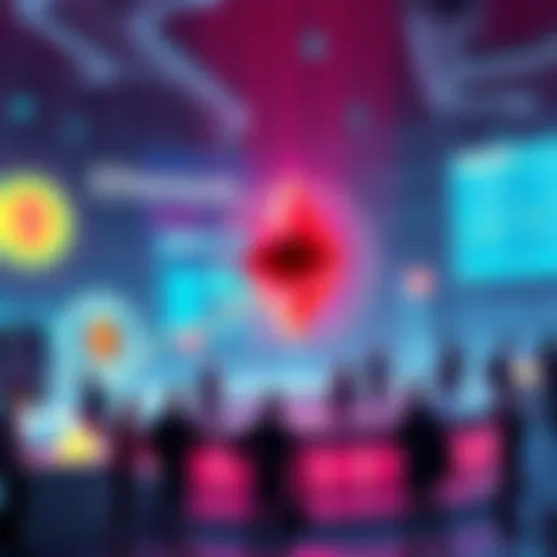A futuristic representation of Ethereum with digital elements and people discussing cryptocurrency trends for 2025.