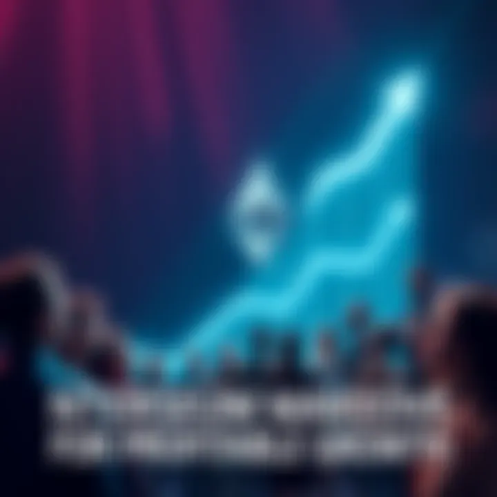 Ethereum Growth Concept Graph showing Ethereum's potential growth with upward arrows and stakeholders represented by diverse people looking optimistic.
