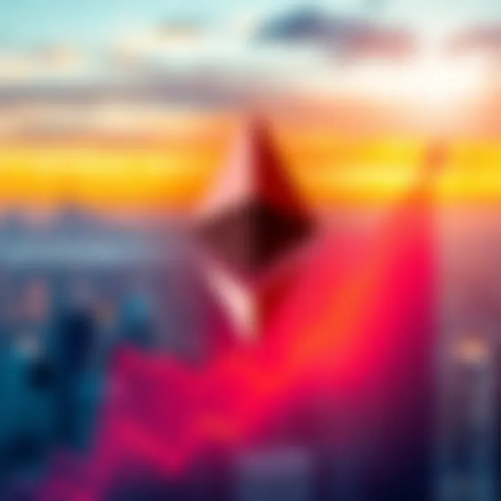 Ethereum logo surrounded by an upward trending graph symbolizing growth and optimism for the future