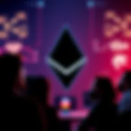 Community members discussing Ethereum with the logo in the background