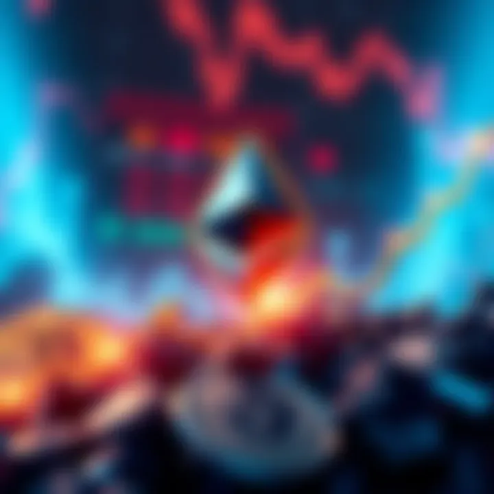 Graphic showing Ethereum logo with upward trend arrows and digital currency symbols, representing the surge in daily transfers and DeFi activity.