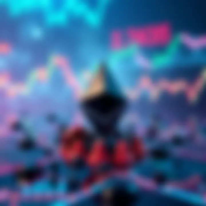 Visual representation of Ethereum's market, showing fluctuating prices and large players accumulating assets in the background