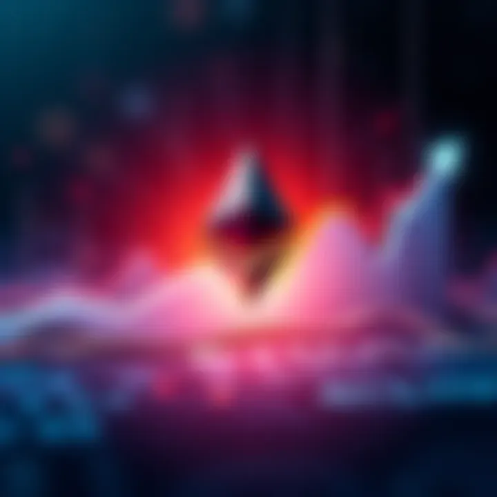 Ethereum logo with upward trending graphs showing high transaction counts and network growth