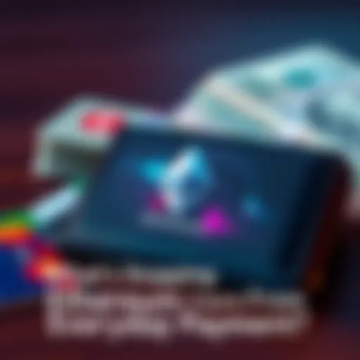 A digital wallet displaying Ethereum cryptocurrency, with cash and credit cards in the background, symbolizing daily transactions.