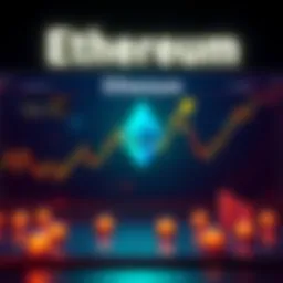 A chart showing fluctuations in Ethereum prices with arrows indicating key rises and falls, along with symbols for investors and news headlines.