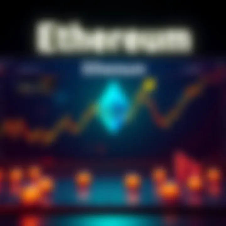 A chart showing fluctuations in Ethereum prices with arrows indicating key rises and falls, along with symbols for investors and news headlines.