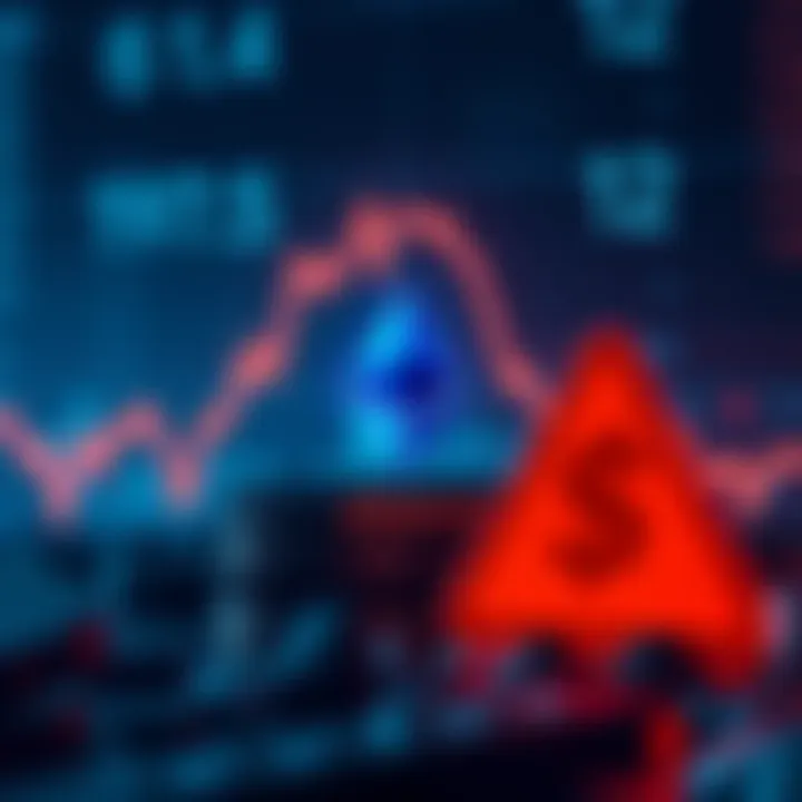 A graphic showing a downward trend in Ethereum prices along with a warning sign indicating a potential buying opportunity.